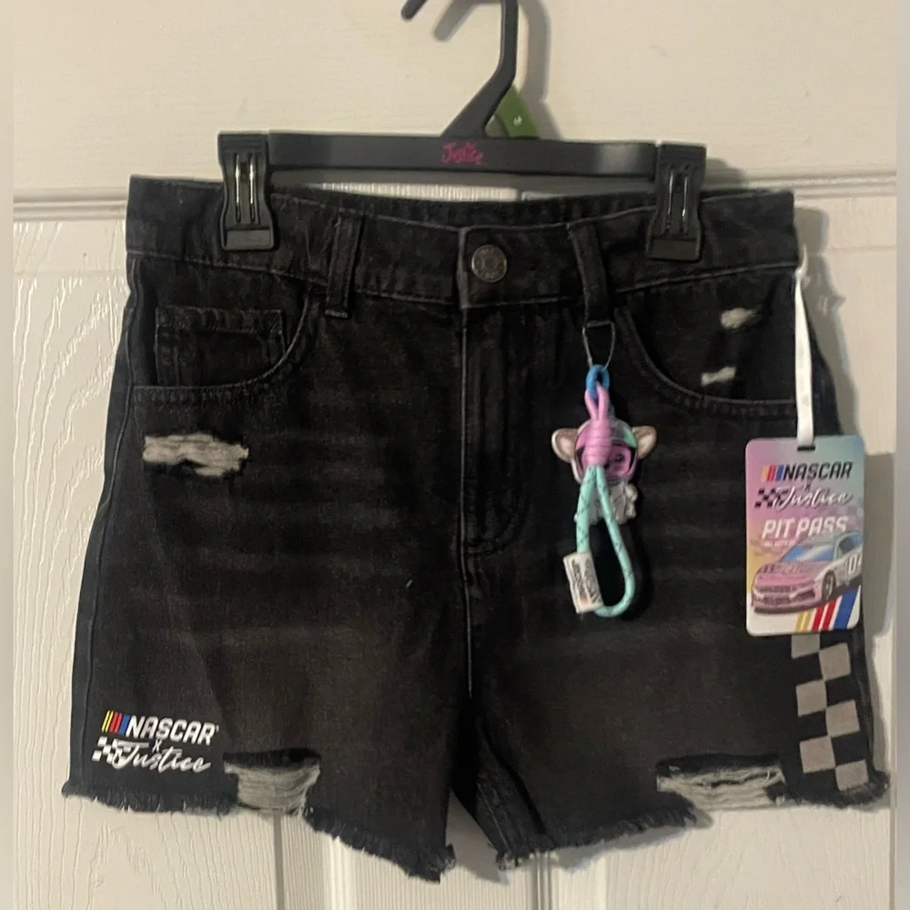 Justice x NASCAR Girls Black Denim Shorts Size 14 NWT Keychain Included